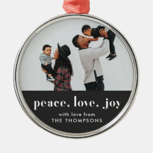 Modern Peace Love Joy Family Photo Christmas Metal Tree Decoration