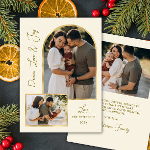 Modern Peace Love Joy Script Gold Arch 3 Photo  Holiday Card