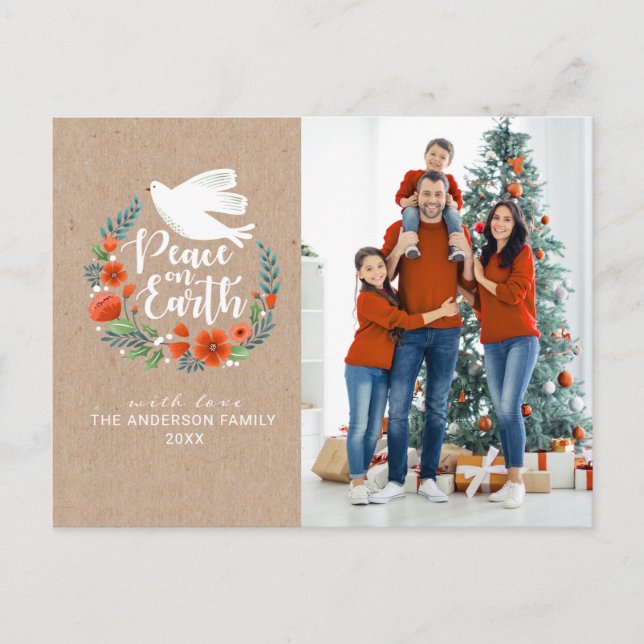 Modern Peace on Earth Family Photo Christmas Holiday Postcard (Front)