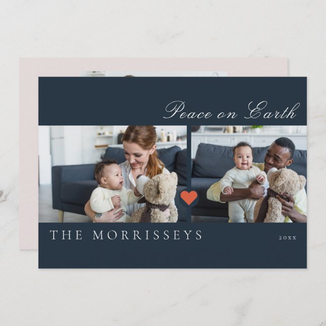 Modern Peace On Earth Script 3 Photo Holiday Card (Front/Back)