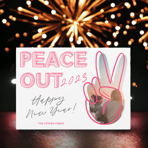 Modern peace out 2023 Happy New Year photo pink Holiday Card
