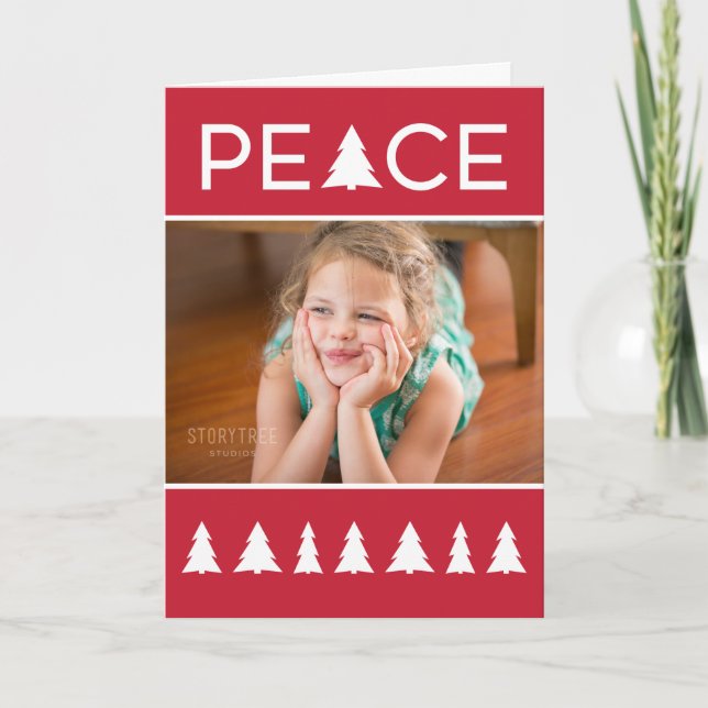 Modern Peace Red White Trees Your Photo Holiday Card (Front)