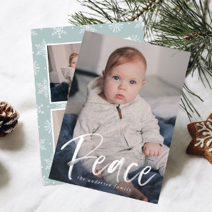 Modern Peace Script Ice Blue 3 Photo Holiday Card
