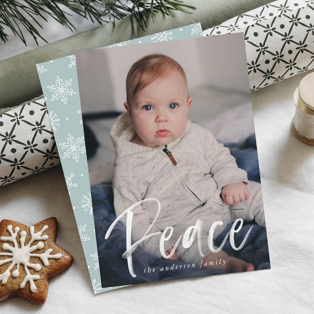 Modern Peace Script Ice Blue Photo Holiday Card (Creator Uploaded)