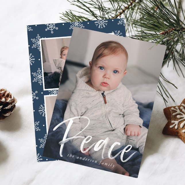 Modern Peace Script Navy 3 Photo Holiday Card (Creator Uploaded)