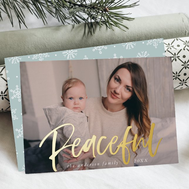 Modern Peaceful Script Ice Blue Photo Foil Holiday Card (Creator Uploaded)