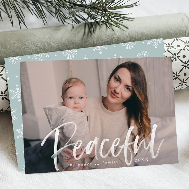 Modern Peaceful Script Ice Blue Photo Holiday Card (Creator Uploaded)