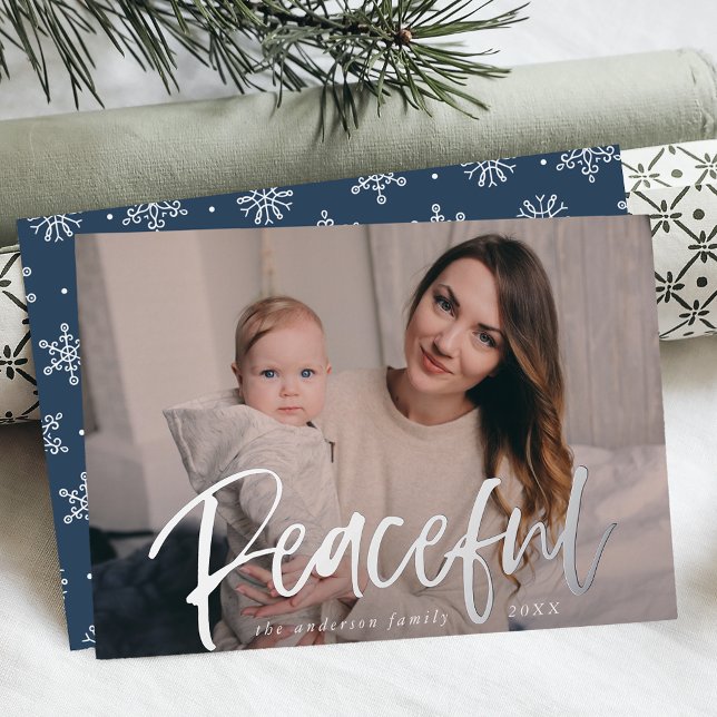 Modern Peaceful Script Navy Photo Foil Holiday Card (Creator Uploaded)