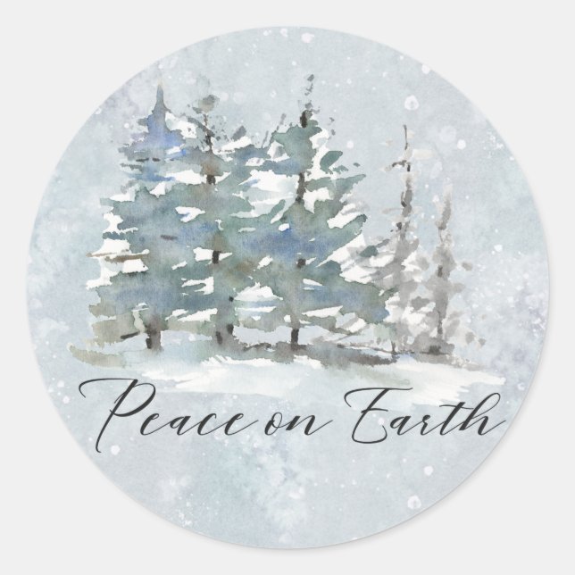 Modern Peaceful Winter Watercolor Landscape Classic Round Sticker (Front)
