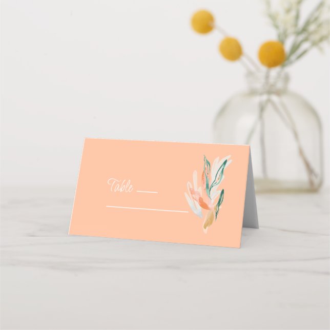 Modern Peach Abstract Floral Wedding Place Card (Front)