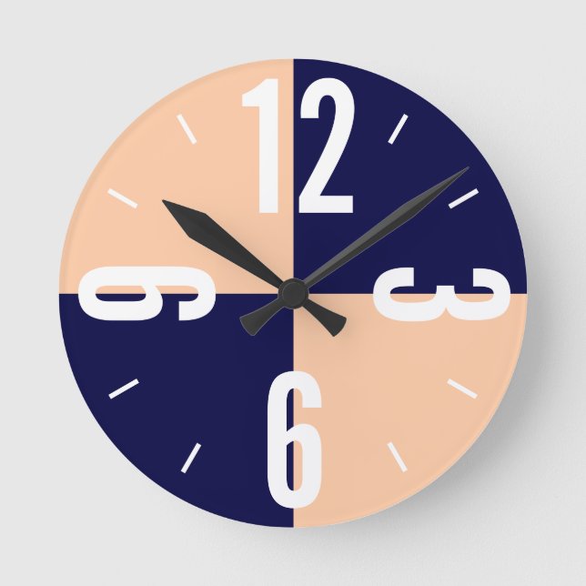 Modern peach and blue color blocks large numbers round clock (Front)