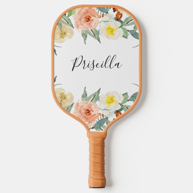 Modern Peach And Cream Watercolor Flowers Pickleball Paddle (Front)