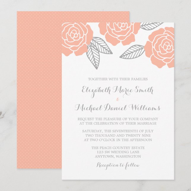 Modern Peach and Grey Rose Wedding Invitation (Front/Back)