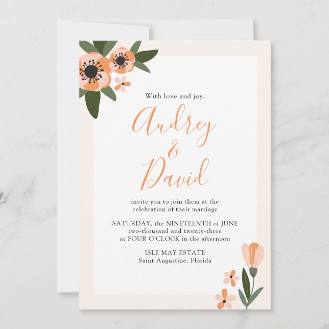 Modern Peach and Orange Floral Wedding Invitation (Front)