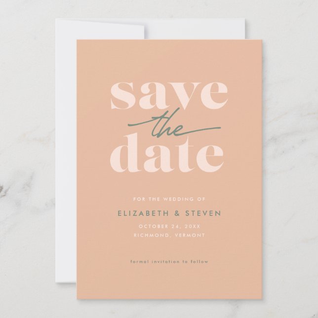 Modern Peach and Sage Save the Date Card (Front)