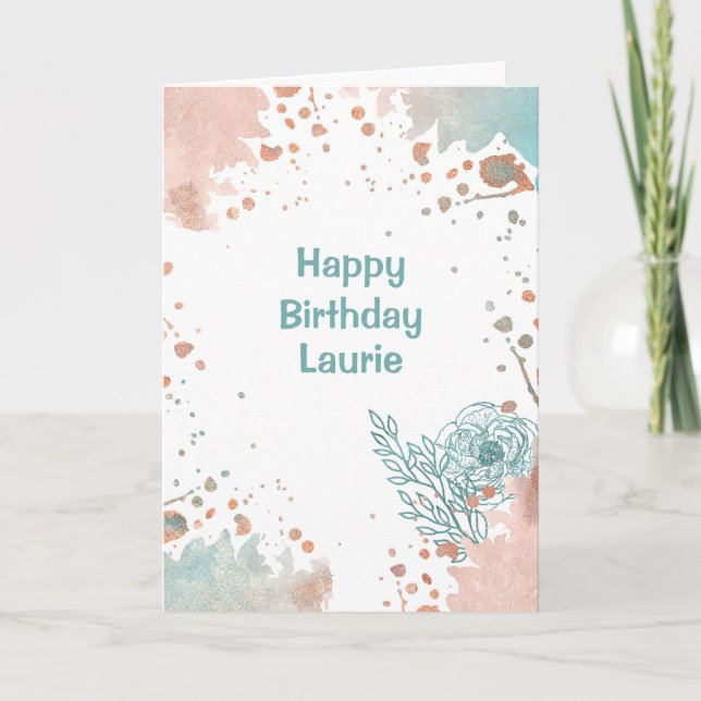 Modern Peach Aqua Paint Splatter Birthday Card (Front)