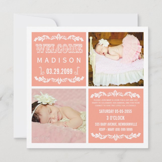 Modern Peach Baby Girl Sip & See Party Photo Cards (Front)