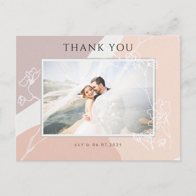 Modern Peach Blush Botanical Wedding Thank You Postcard (Front)