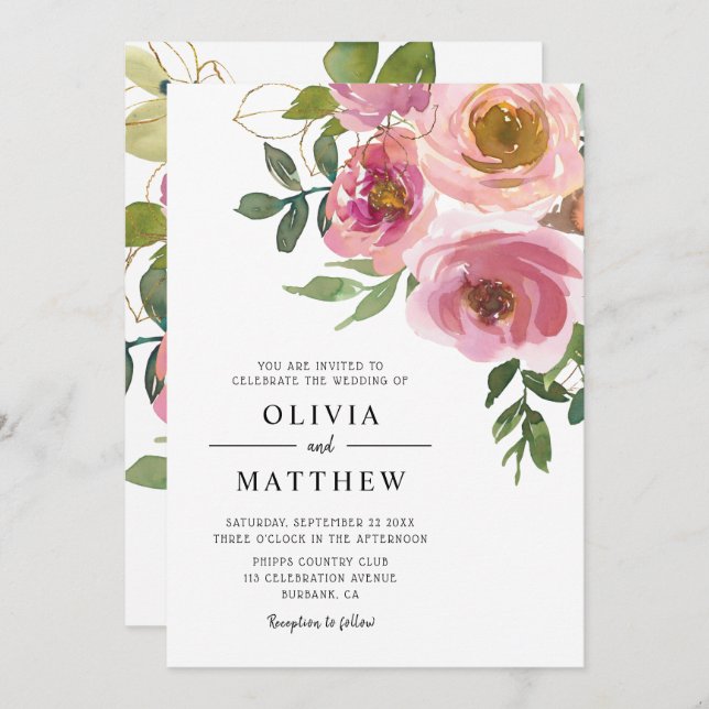 Modern Peach Blush Watercolor Floral Wedding Invitation (Front/Back)