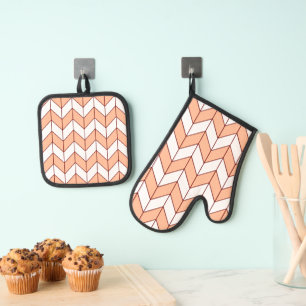 Modern Peach Burgundy Herringbone Oven Mitt & Pot Holder Set