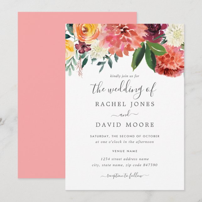 Modern Peach Burgundy Watercolor Floral Wedding Invitation (Front/Back)