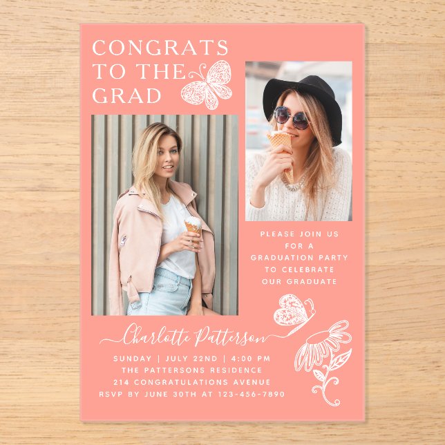 Modern Peach Butterfly Photo Graduation Party Acrylic Invitations (Front)