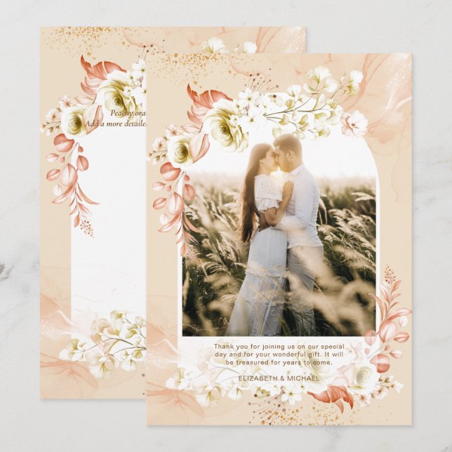 Modern Peach Coral Floral PHOTO THANK YOU (Front/Back)