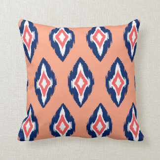 Modern peach coral navy Ikat Tribal Pattern 1b Cushion