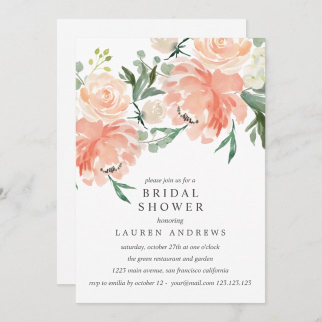Modern Peach Coral Pink Bouquet Bridal Shower  Inv Invitation (Front/Back)