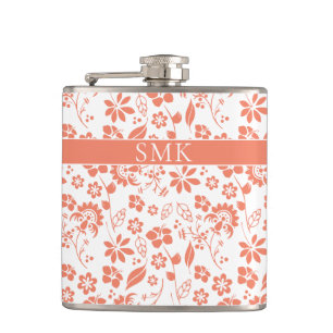 Modern Peach Coral Tropical Flowers Monogram Hip Flask