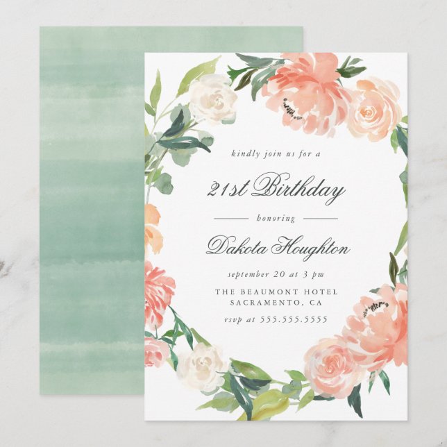 Modern Peach & Cream Watercolor Floral Birthday Invitation (Front/Back)