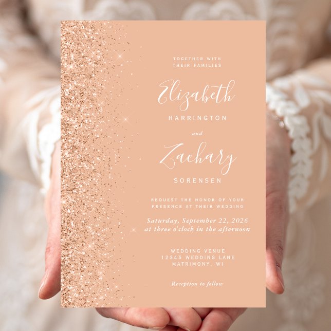 Modern Peach Faux Glitter Edge Wedding Invitation (Creator Uploaded)