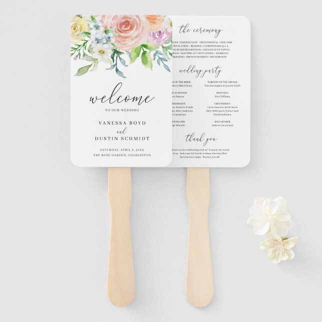 Modern Peach Floral Elegant Wedding Program Hand Fan (Front and Back)