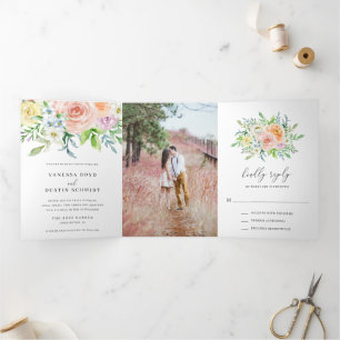 Modern Peach Floral Elegant Wedding Tri-Fold Invitation
