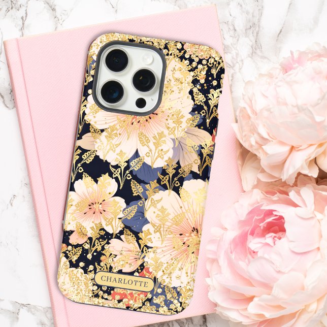Modern Peach Floral Glitter Chic Personalised Name iPhone Case (Creator Uploaded)