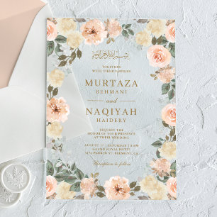 Modern Peach Floral Islamic Muslim Wedding Acrylic Invitations