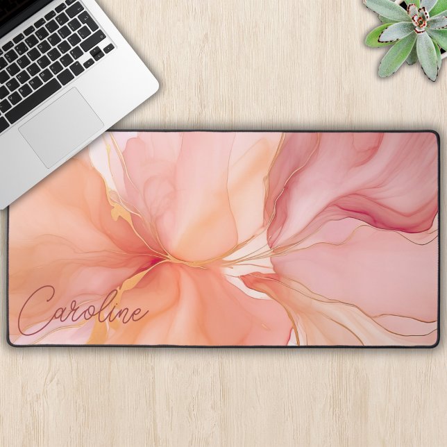 Modern Peach Floral Name Feminine Watercolor Desk Mat (Creator Uploaded)