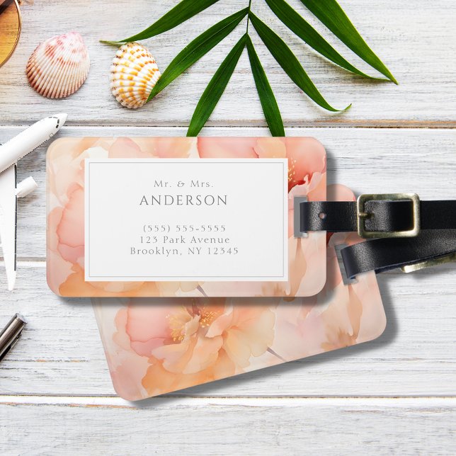 Modern Peach Floral Newlywed Honeymoon Luggage Tag (Creator Uploaded)