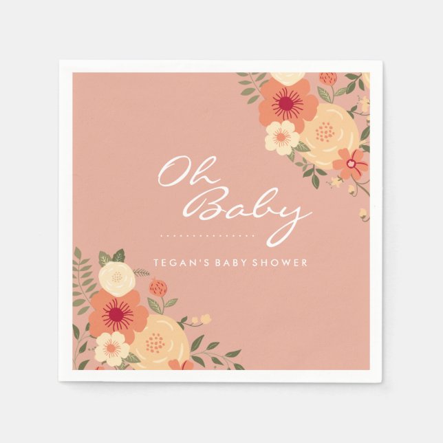 Modern Peach Floral Oh Baby Shower Napkins (Front)