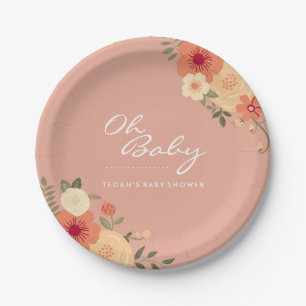 Modern Peach Floral Oh Baby Shower Paper Plates