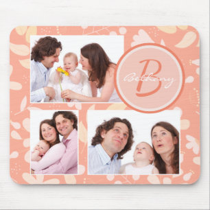 Modern Peach Floral Pattern Personalised Photo Mouse Mat