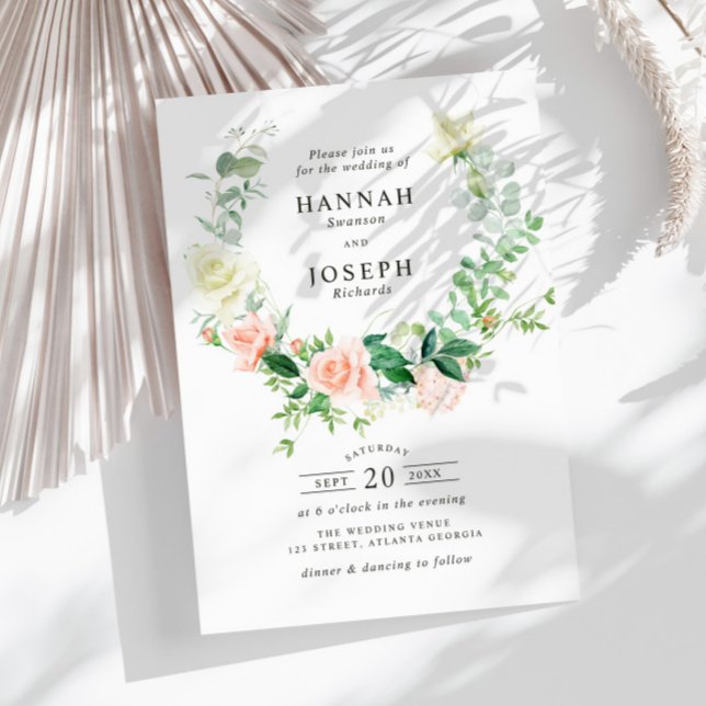 modern peach floral wreath wedding invitation (Creator Uploaded)