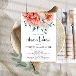 Modern Peach Florals Script Rehearsal Dinner Invitation
