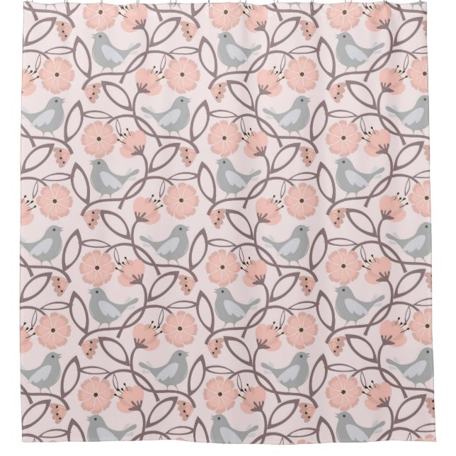 Modern Peach Flowers and Grey Birds Shower Curtain (Front)
