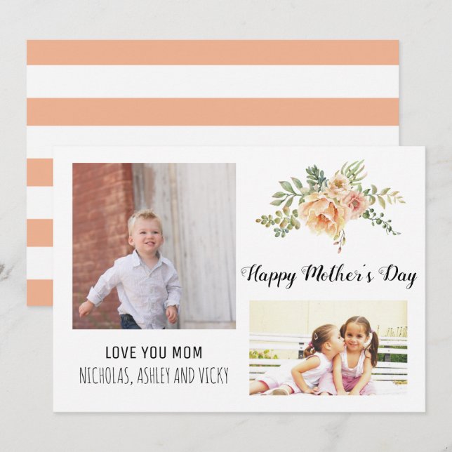 Modern Peach flowers Mother's Day floral photo Card (Front/Back)