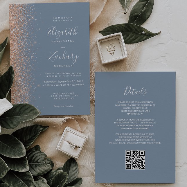 Modern Peach Glitter Dusty Blue QR Code Wedding Invitation (Creator Uploaded)
