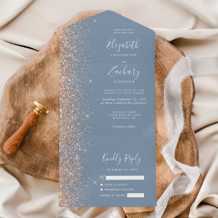 Modern Peach Glitter Dusty Blue Wedding All In One Invitation