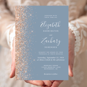 Modern Peach Glitter Edge Dusty Blue Wedding Invitation