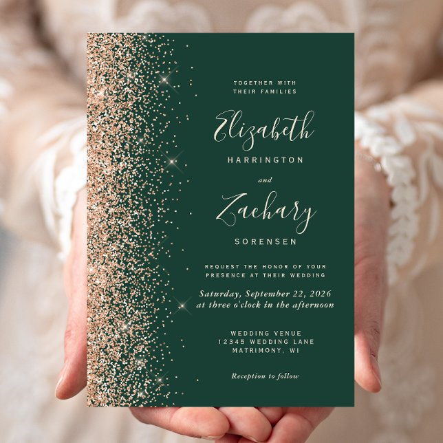 Modern Peach Glitter Edge Emerald Green Wedding Invitation (Creator Uploaded)
