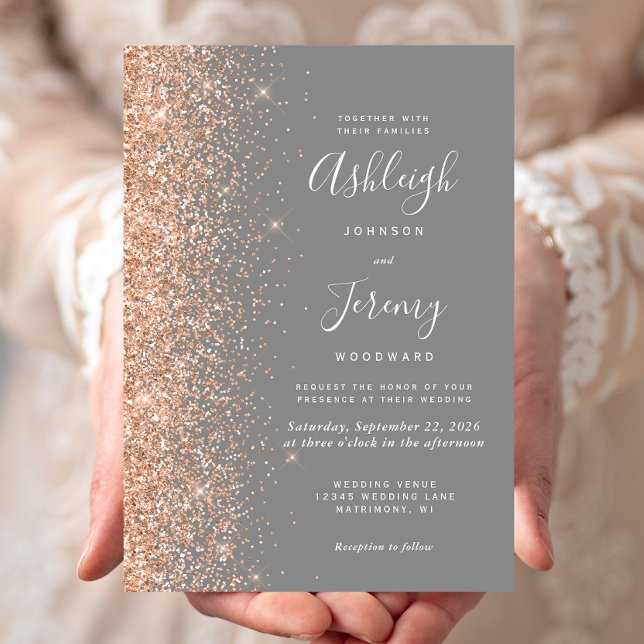 Modern Peach Glitter Edge Grey Wedding Invitation (Creator Uploaded)